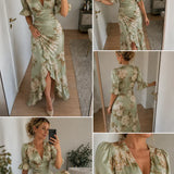 Lucía | Robe longue asymétrique en satin avec imprimé floral