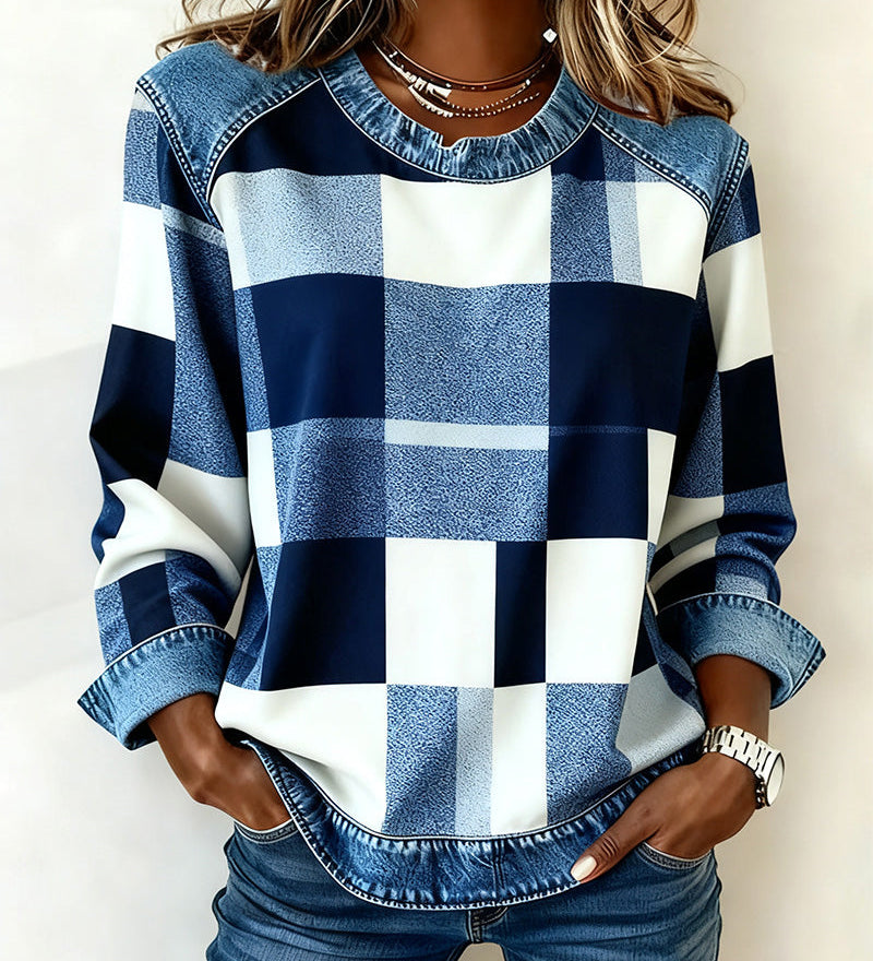 Oriane | Sweatshirt avec Patchwork à Carreaux et Couleur Contrastée