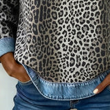 Zéphirine | Sweatshirt Imprimé Léopard en Patchwork Denim
