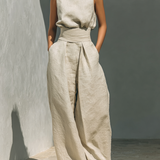 Maria | Ensemble débardeur minimaliste en coton et lin pour femmes et pantalon à jambes larges