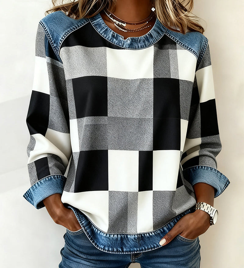 Oriane | Sweatshirt avec Patchwork à Carreaux et Couleur Contrastée