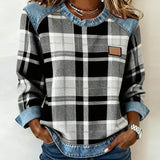 Arielle | Sweatshirt Femme en Denim à Patchwork Col Ronde