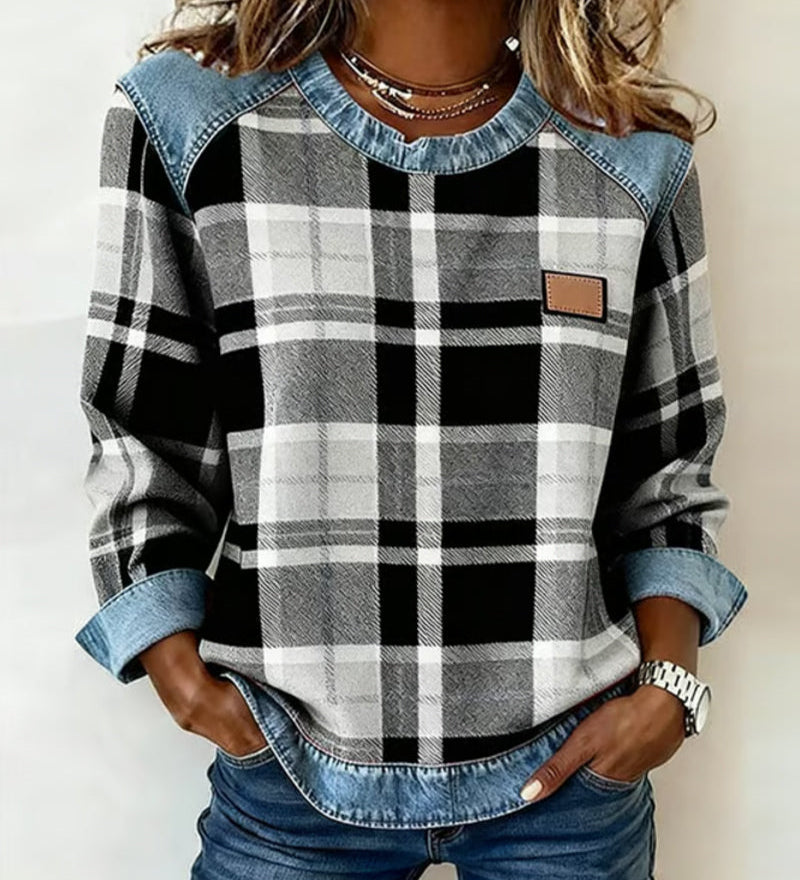 Arielle | Sweatshirt Femme en Denim à Patchwork Col Ronde