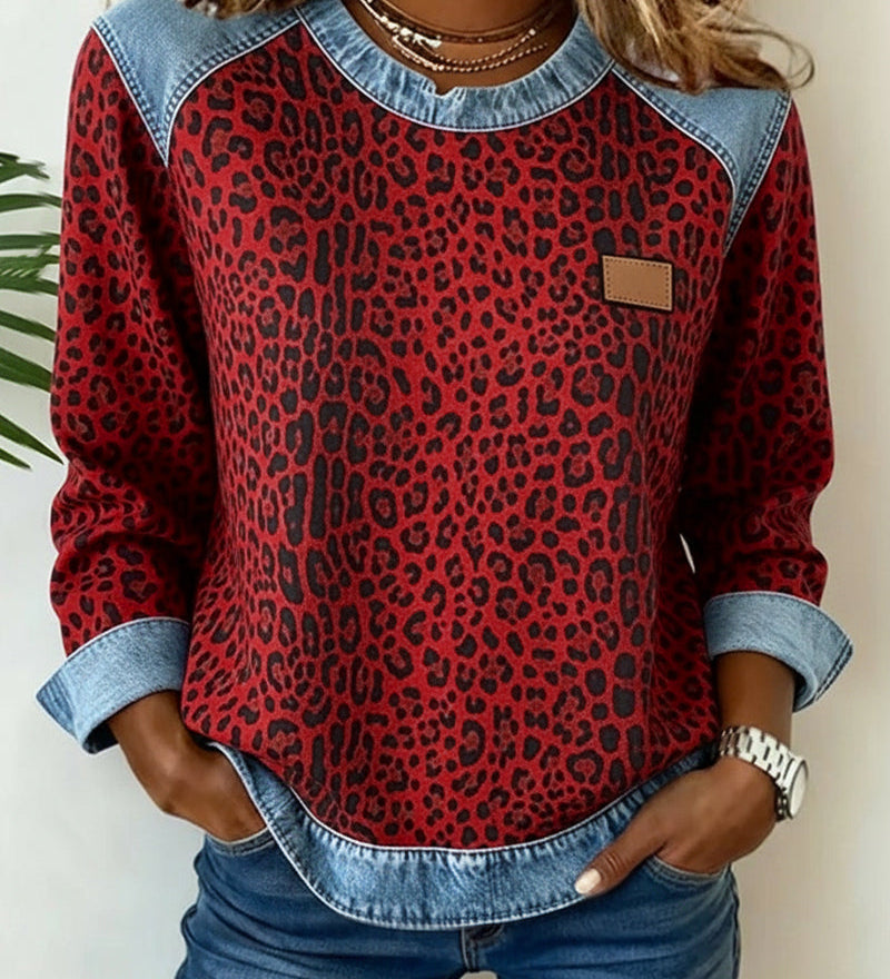 Zéphirine | Sweatshirt Imprimé Léopard en Patchwork Denim
