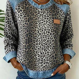 Zéphirine | Sweatshirt Imprimé Léopard en Patchwork Denim