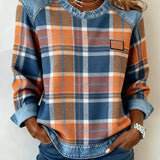 Arielle | Sweatshirt Femme en Denim à Patchwork Col Ronde