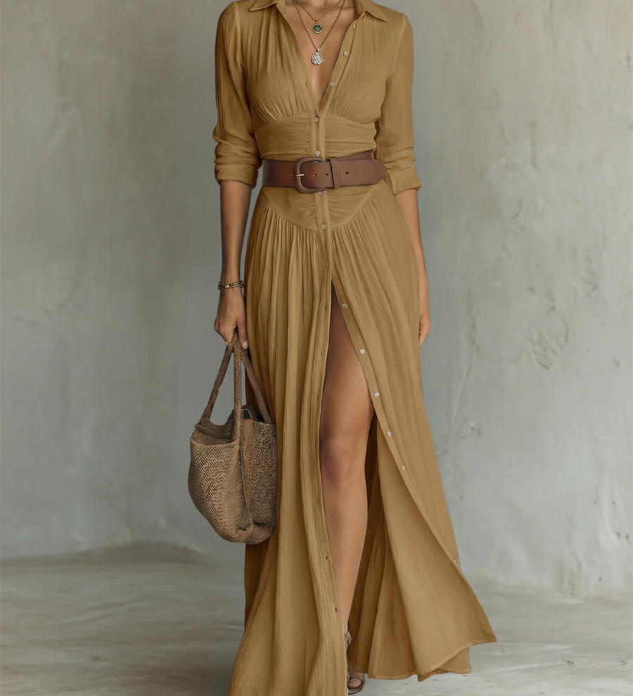Alma | Robe maxi fluide avec col à revers et manches longues