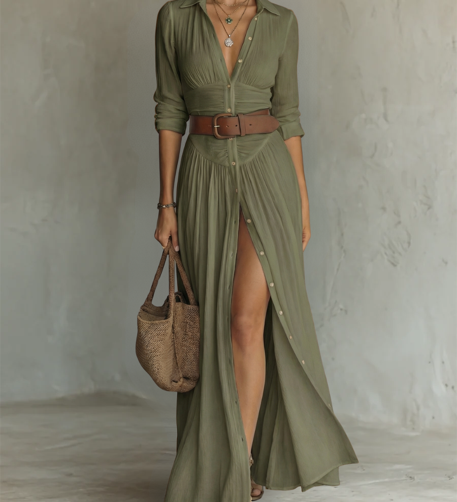Alma | Robe maxi fluide avec col à revers et manches longues
