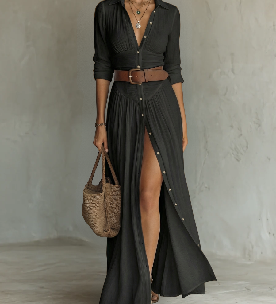 Alma | Robe maxi fluide avec col à revers et manches longues