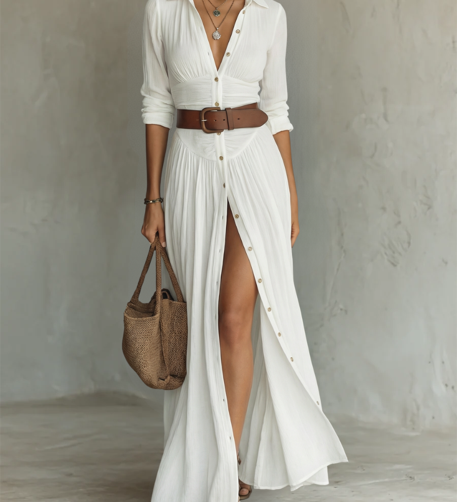 Alma | Robe maxi fluide avec col à revers et manches longues