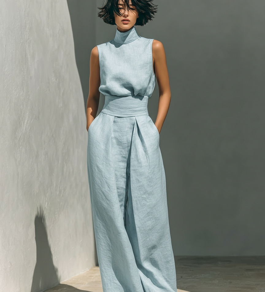 Maria | Ensemble débardeur minimaliste en coton et lin pour femmes et pantalon à jambes larges
