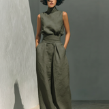 Maria | Ensemble débardeur minimaliste en coton et lin pour femmes et pantalon à jambes larges