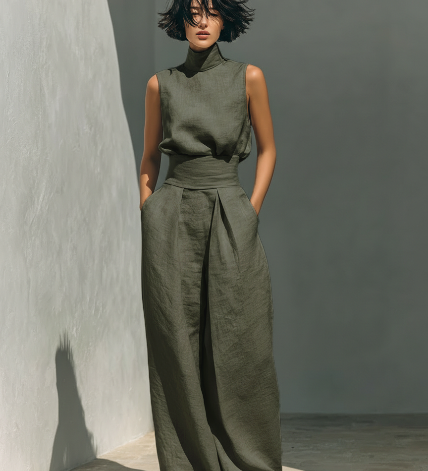 Maria | Ensemble débardeur minimaliste en coton et lin pour femmes et pantalon à jambes larges